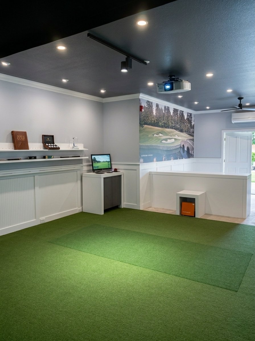 Custom home golf simulator room design and installation — Raleigh NC