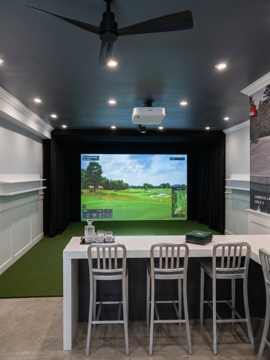 Custom golf simulator entertainment room with bar seating — Raleigh NC