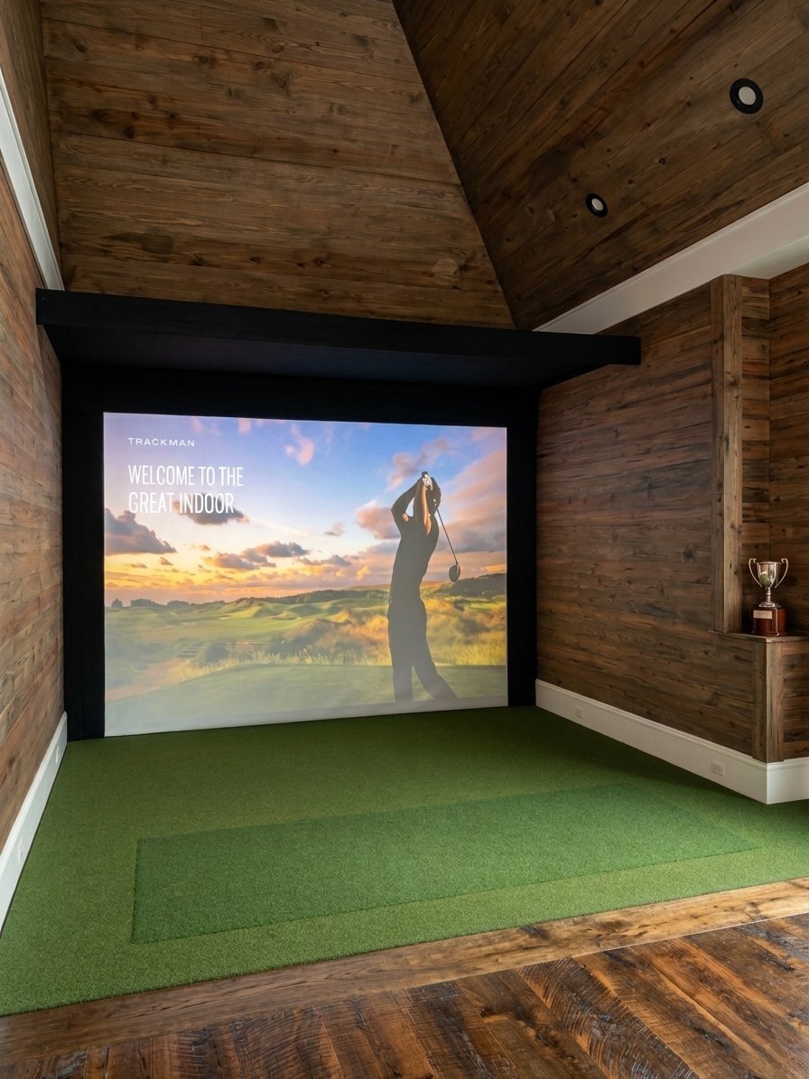 TrackMan golf simulator in custom wood-paneled room — North Carolina install