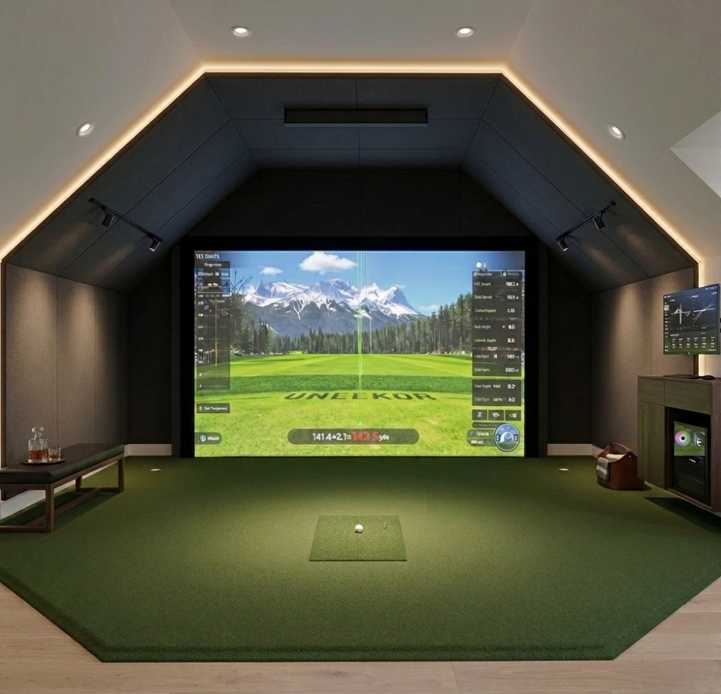 Uneekor golf simulator room with custom enclosure and LED lighting — North Carolina install